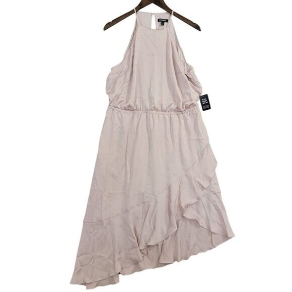 NWT Express Womens Pink Ruffle Hem Halter Neck Midi‎  Dress L High low - Picture 1 of 9
